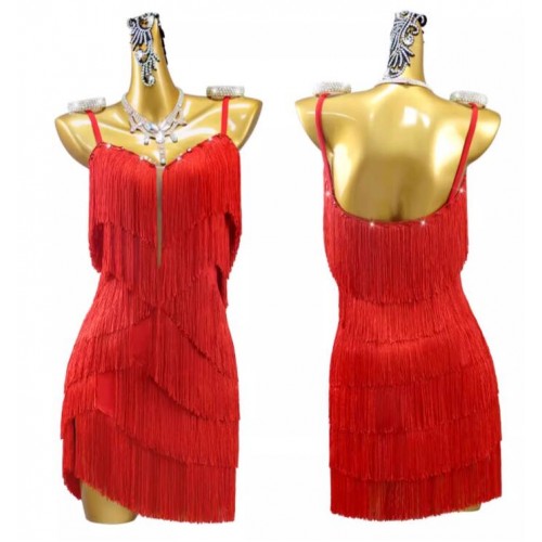 Red fringe competition latin dance dresses for women girls salsa rumba chacha ballroom dancing tassels skirts for female